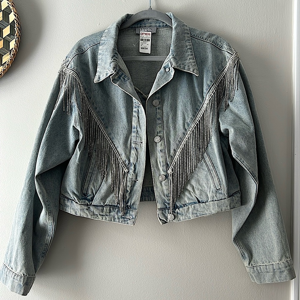 Jean rhinestone tassel jacket  LARGE but oversized 
Brand new with tags